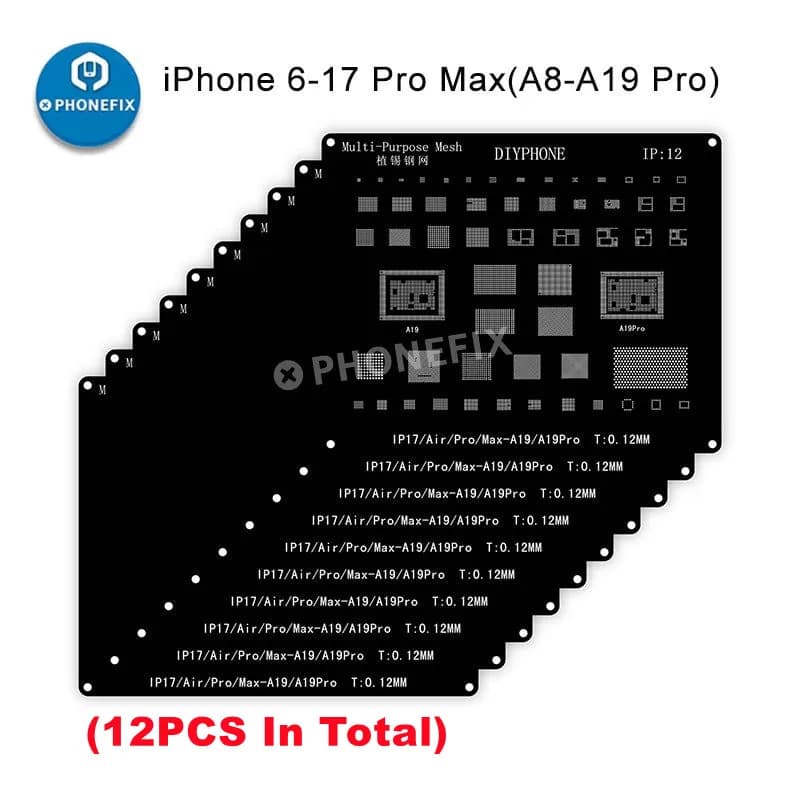 Kit de pochoirs de reballage DIYPHONE BGA pour iPhone 17 16 15 14 13 13mini 11 12 Pro Max, filet à souder en étain pour puce CPU IC en acier noir