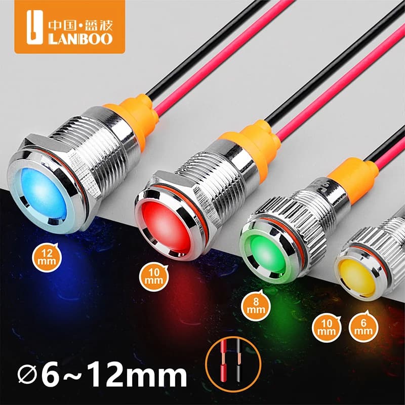 LANBOO Lampe indicatrice métallique 6mm 8mm 10mm 12mm Rouge Vert Bleu Jaune LED simple avec 12V 24V 220V