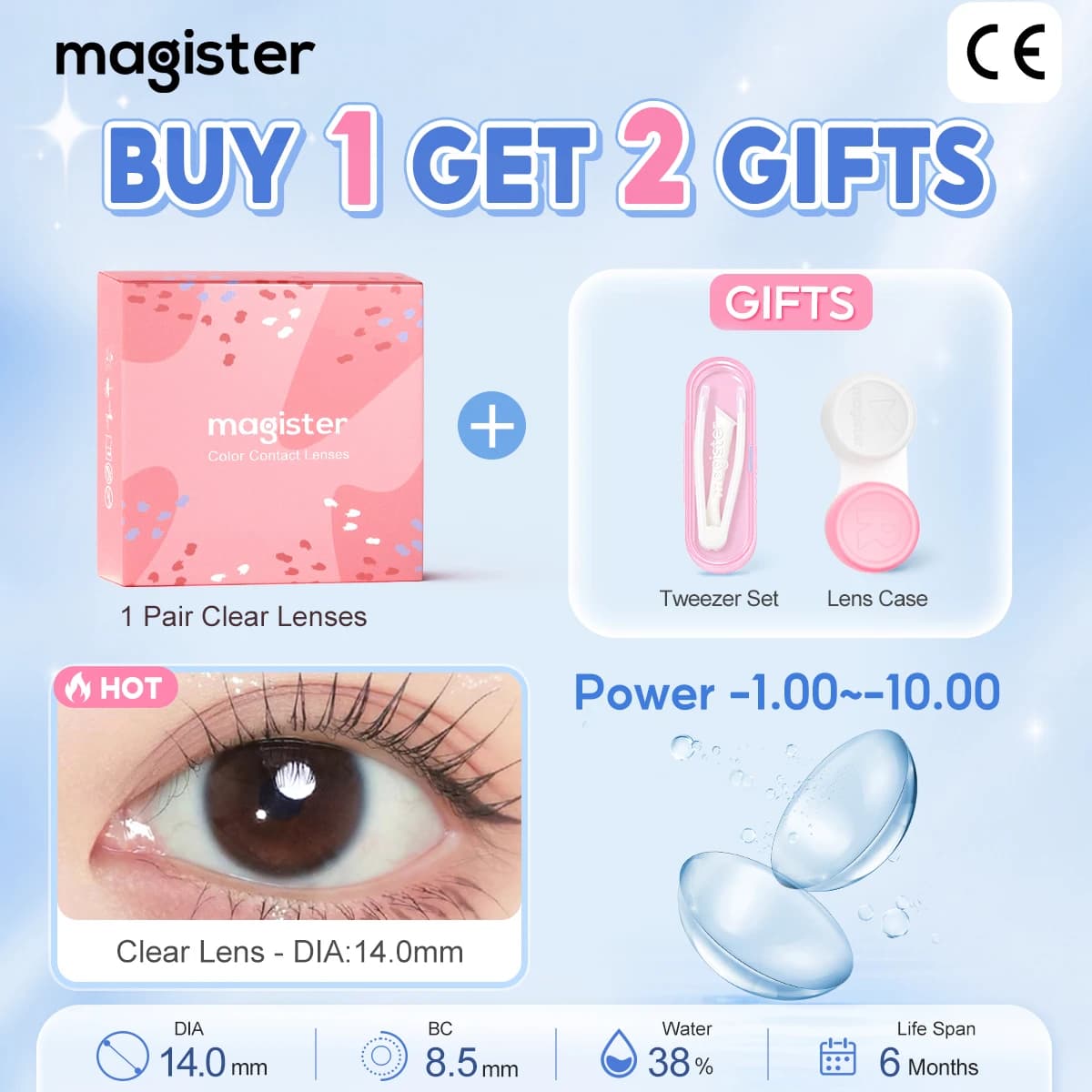 (-1.00~-10.00) MAGISTER Lentilles de contact graduées de 14 mm avec dioptries, lentilles de contact HD et souples transparentes, ensemble avec pince à lentilles, 6 mois
