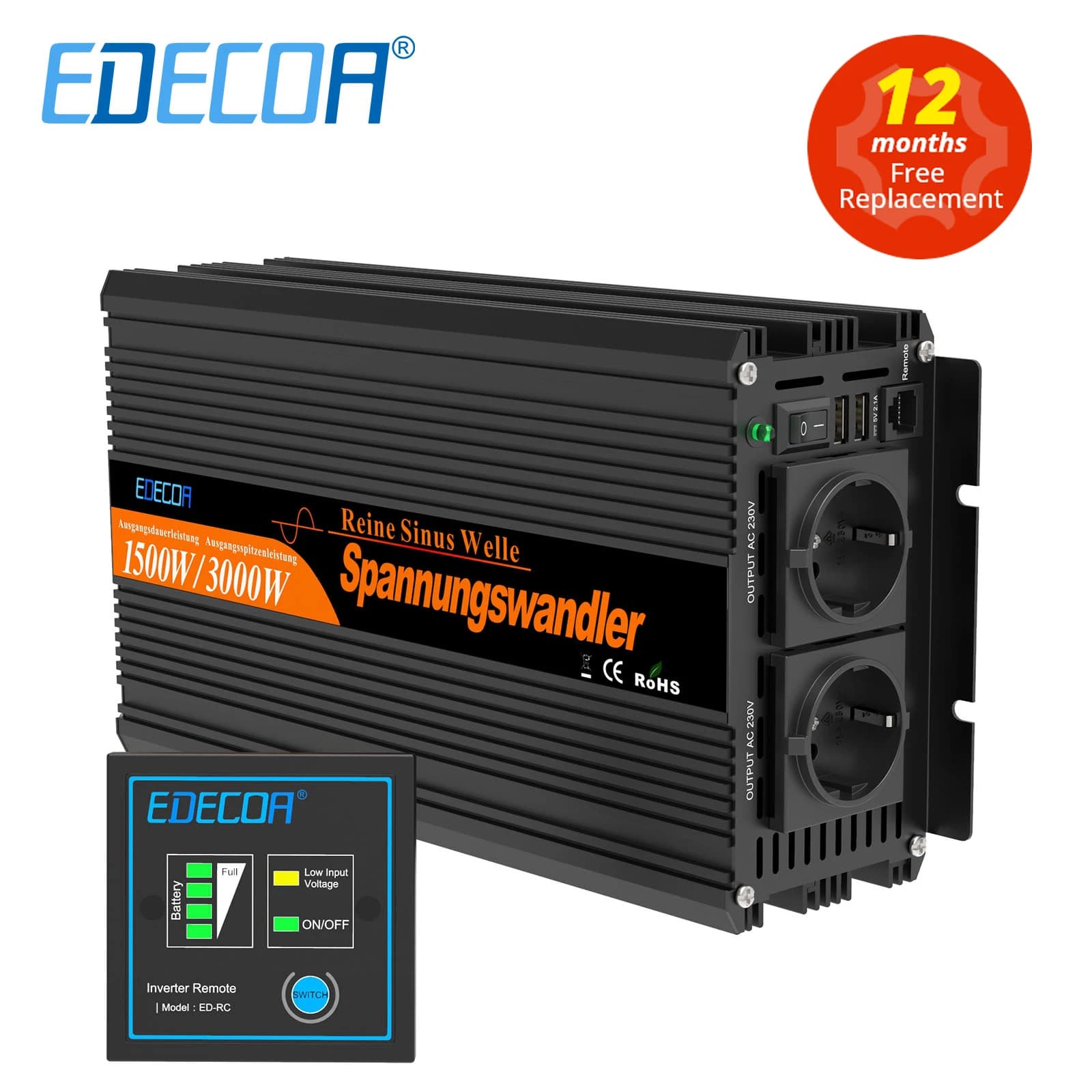 Convertisseur de puissance à onde sinusoïdale pure EDECOA 1500W 2500W 3500W, DC 12V vers AC 220V 230V 240V, convertisseur hors réseau