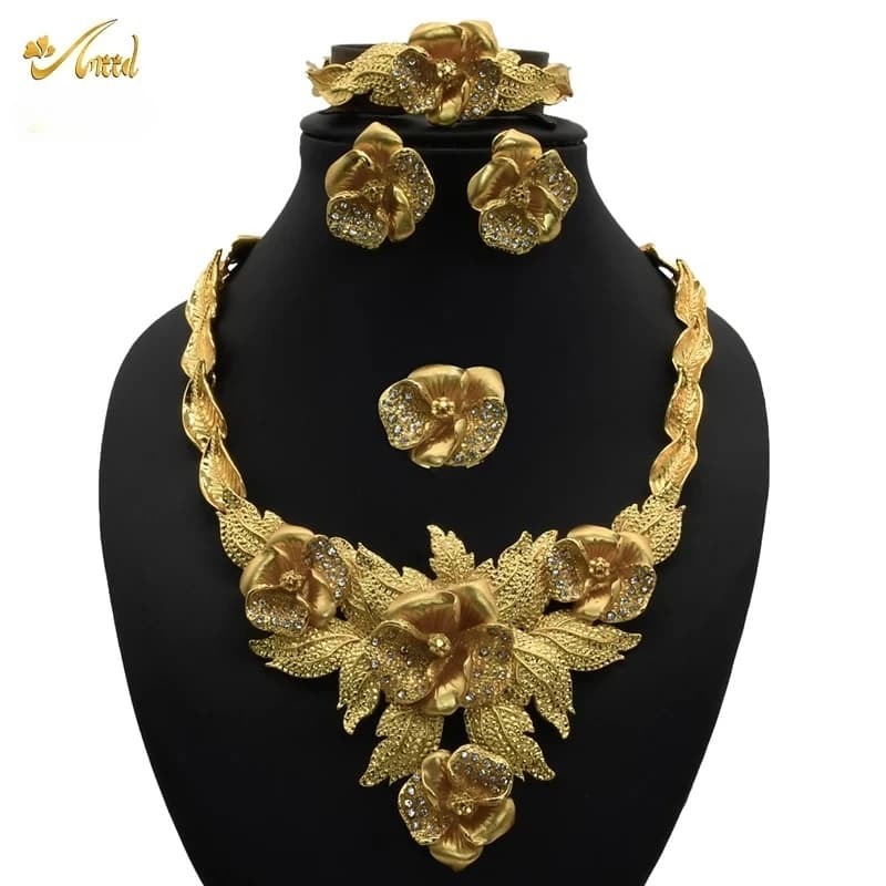ANIID-Ensembles de bijoux africains pour femmes, boucles d'oreilles fleur, collier ras du cou, bracelet, hawaïen, indien, Dubaï, bijoux dorés, accessoires