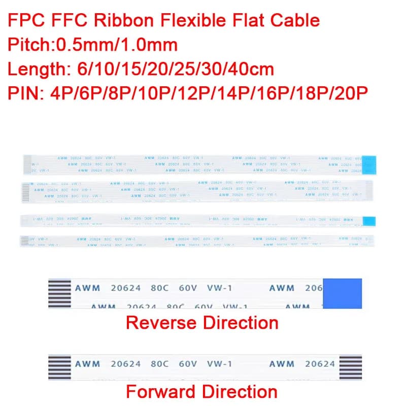 Câble plat flexible FPC FDavid, longueur de fil de type A, pas de broche, 4, 6, 8, 10, 12, 14, 16, 18/20, 0.5mm, 1.0mm, 10 pièces 20/25/30/40 cm