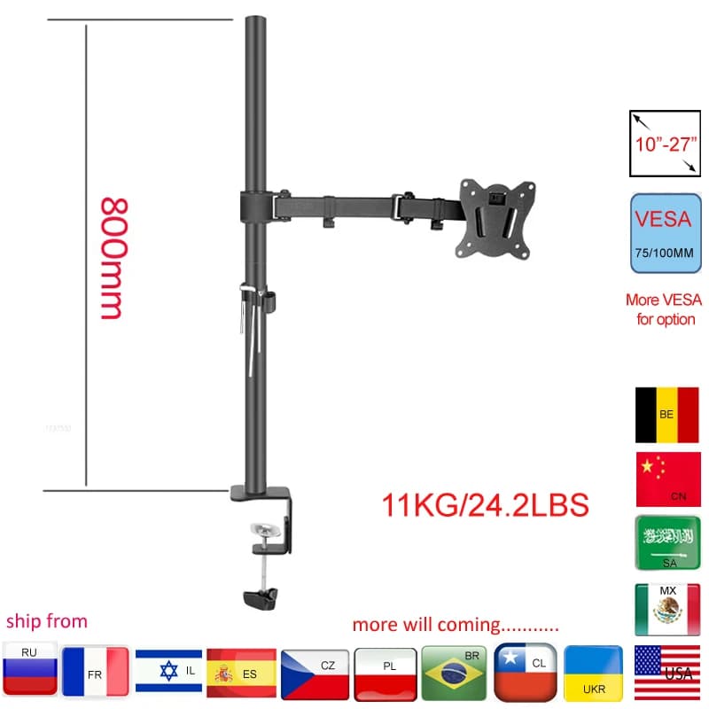 Support de bureau T902-180 1200mm 800mm, bras de fixation pour moniteur en acier à mouvement complet 360 degrés, base à pince pour écrans de 10'-27', charge maximale 11kg