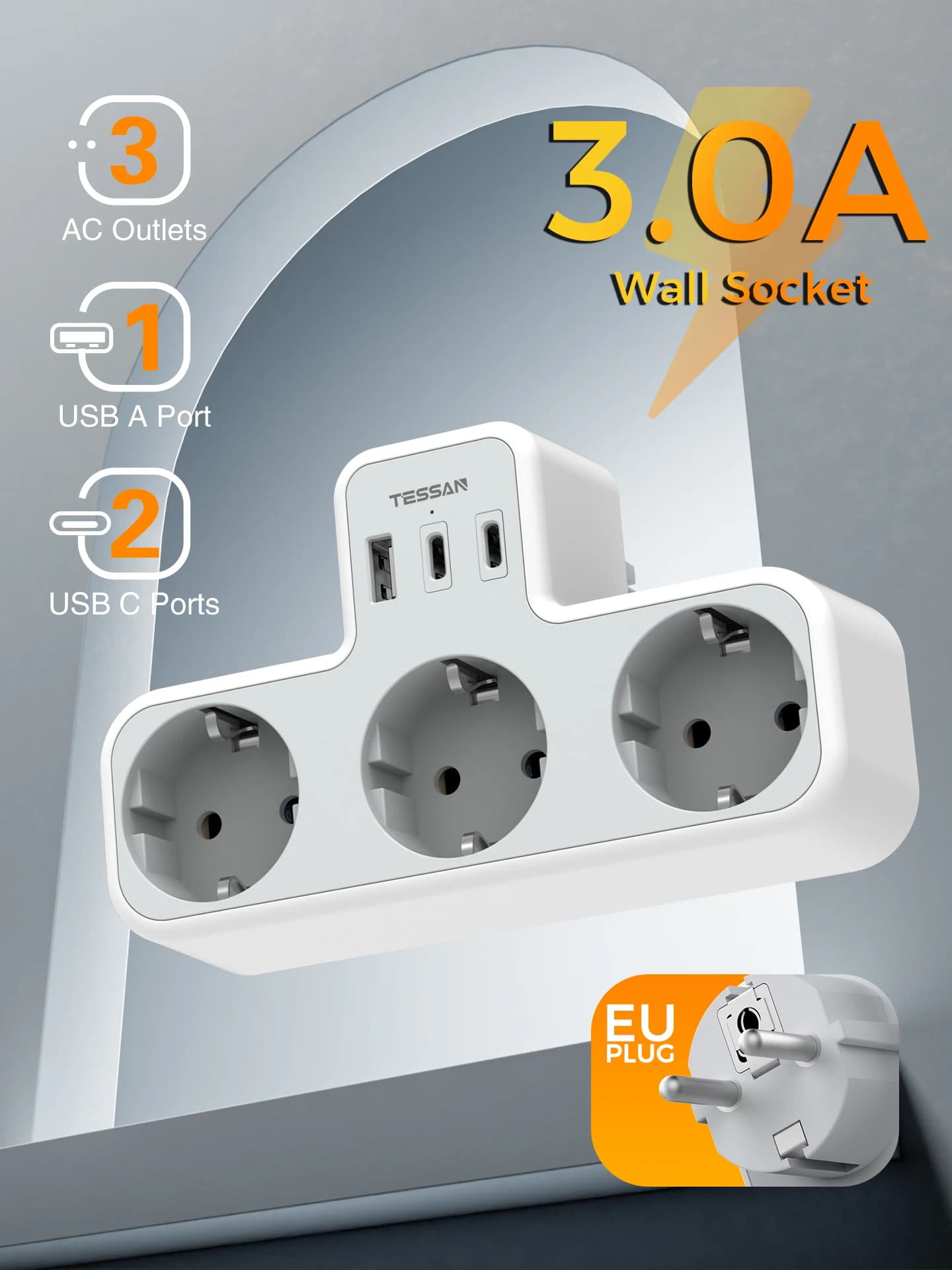 TESSAN Prise murale multi-USB 6-en-1 avec 3 prises AC, adaptateur multiprise pour la maison et le bureau