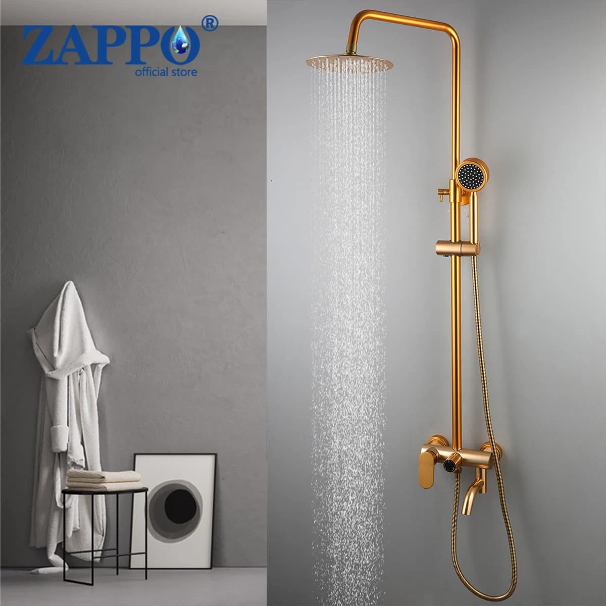 ZAPPO robinet de douche de salle de bains doré, système de douche à effet de pluie, mitigeur de baignoire avec douchette à main, ensemble de robinets de douche de bain à pulvérisation rotative