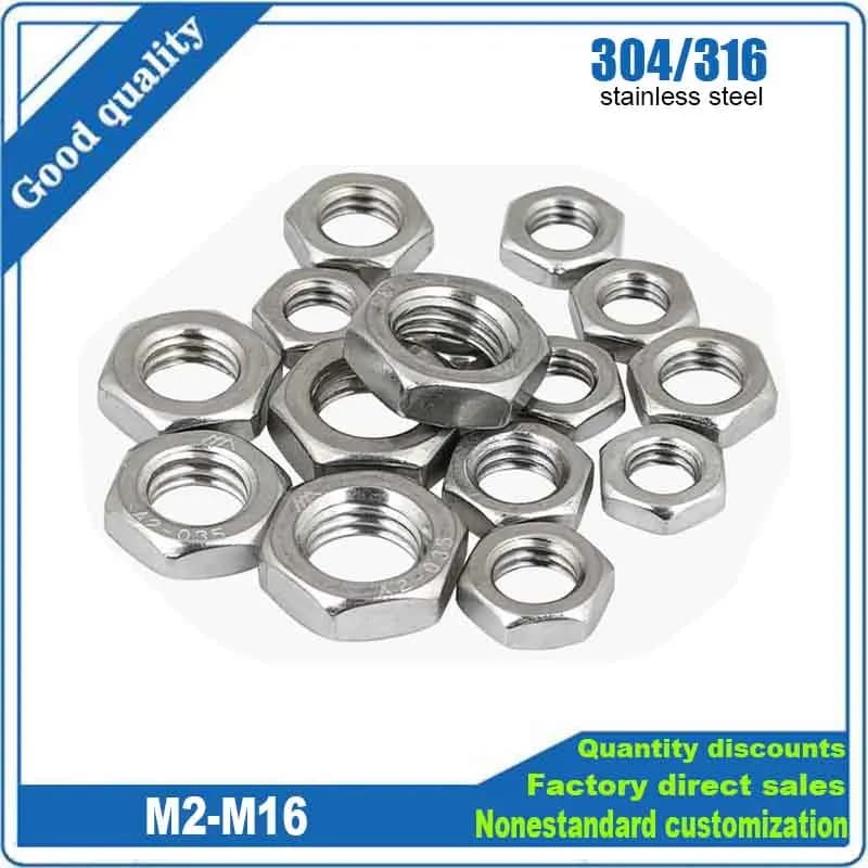2/5/10/20/50pcs M2 M2.5 M3 M4 M5 M6 M8 M10 M12 M14 M16 304 316 A2 A4 Écrou hexagonal plat en acier inoxydable Écrou mince DIN439
