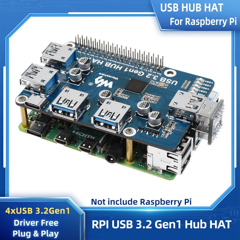Carte avec 4x ports USB 3.2 Gen1 pour Raspberry Pi 4B, hub HAT DC 5V 6 000