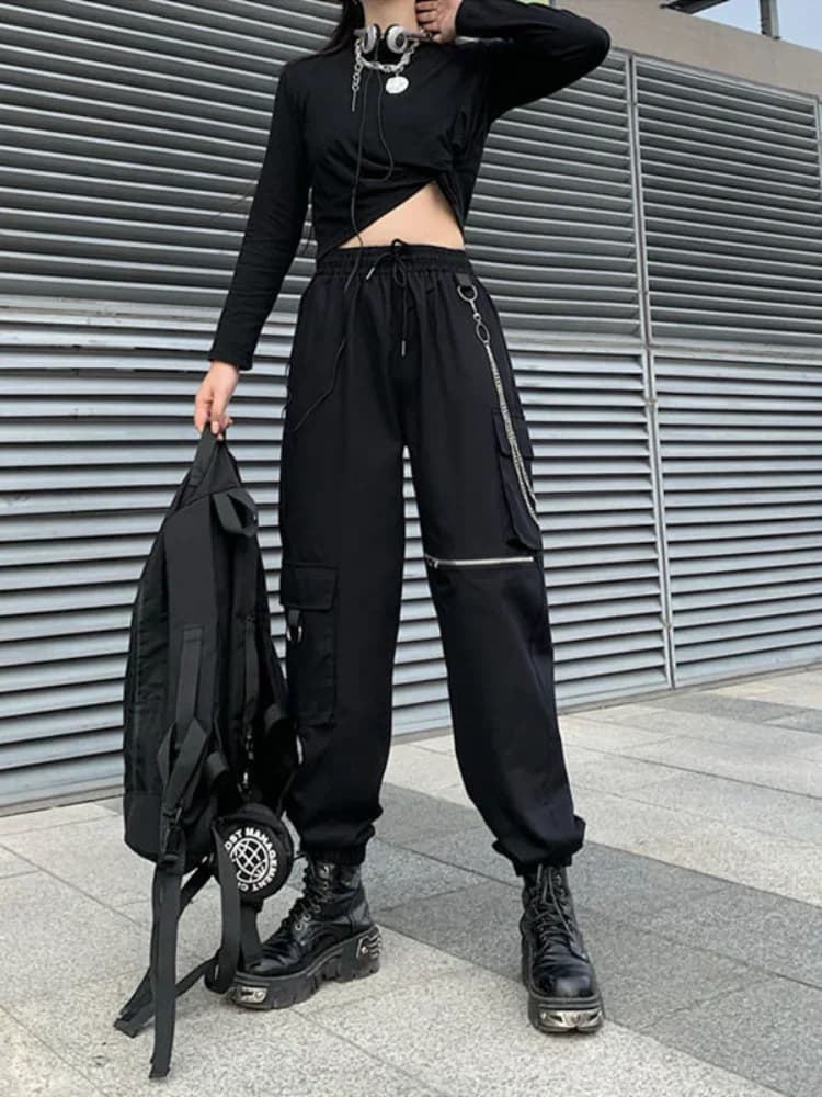 Pantalon cargo gothique 2026 pour femme, pantalon punk à chaîne gothique Harajuku noir, pantalon de survêtement taille haute, mode coréenne