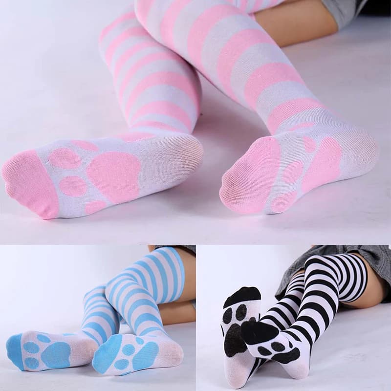 Cosplay – chaussettes hautes et longues aux genoux, bande rose, bas imprimés patte de chat Kawaii, pour femmes et filles, étudiantes, bas en coton Lolita Kawaii