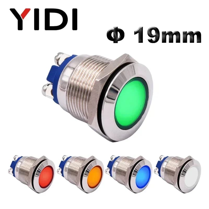 Indicateur LED en métal de 19mm, LED rouge vert bleu jaune blanc 12V 24V 220V, lampe de signalisation pilote chromée étanche