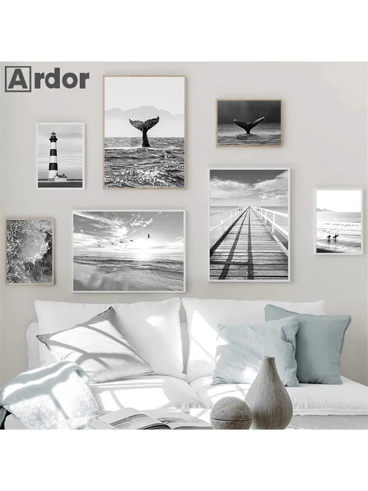 Toile imprimée avec pont de phare noir et blanc, affiche de baleine d'océan, oiseaux de plage, peinture artistique murale, image nordique, décor de salon