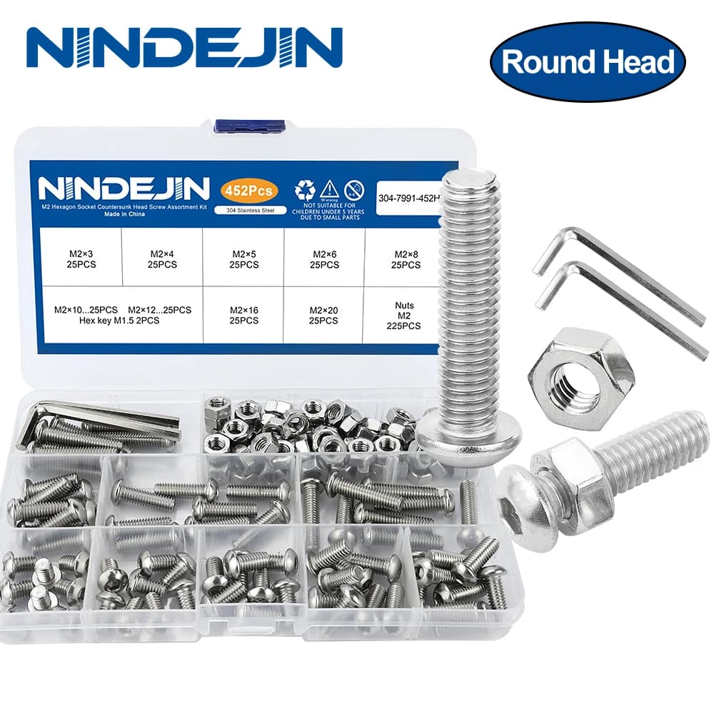 NINDEJIN jeu de vis à tête ronde hexagonale m2 m2.5 m3 m4 m5 m6 kit de vis à tête allen et écrou en acier inoxydable
