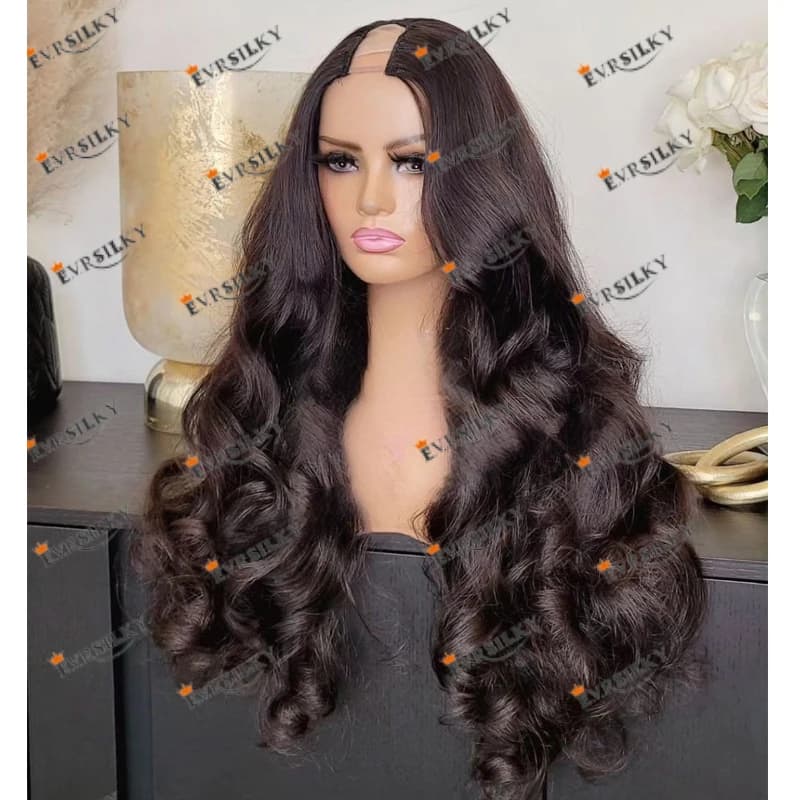 Perruques de cheveux humains indiens bon marché avec ouverture 1x4 U avec 6 clips brun foncé # 2 perruques ondulées Remy U Part faites à la machine, faciles à installer