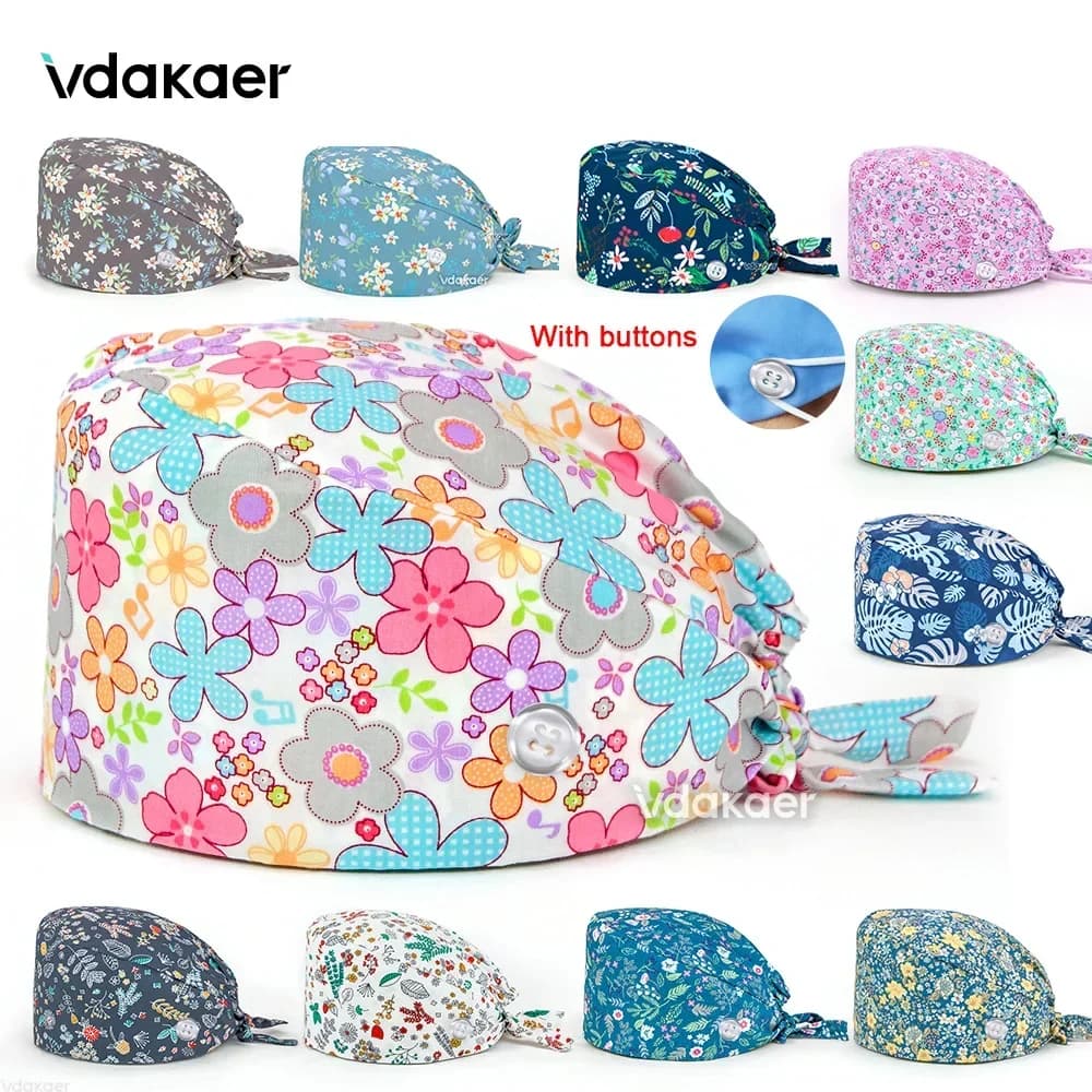avec bouton hôpital imprimé gommages casquettes infirmière chirurgicale travail gommages chapeau Tieback casquette coton beauté chapeaux pour femmes hommes réglable
