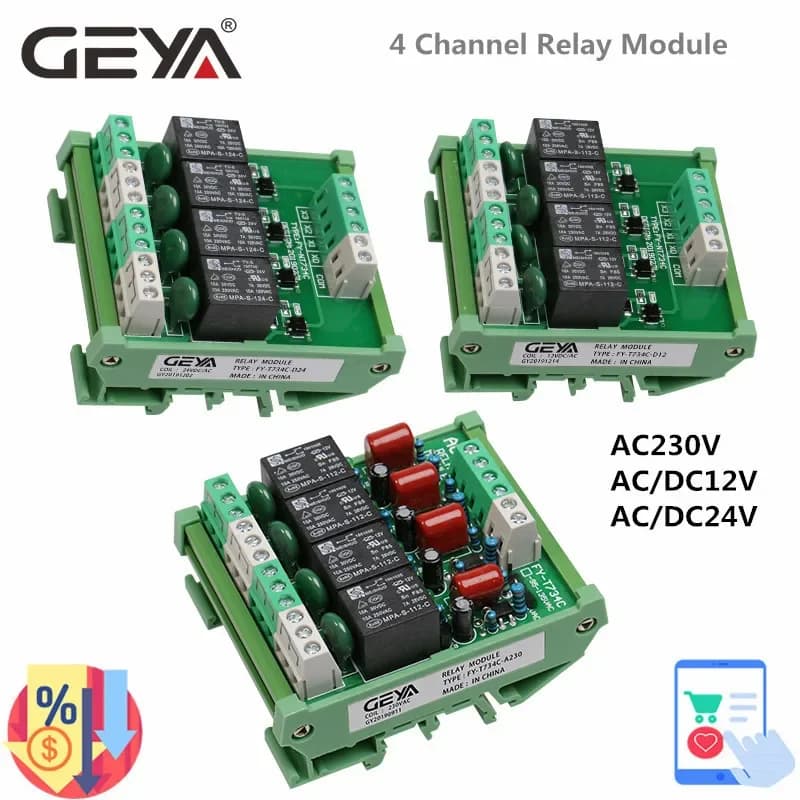 GEYA – Module relais 4 canaux, 1 SPDT DIN Rail Mount 5V 12V 24V DC/AC, Module relais d'interface pour PLC 230V