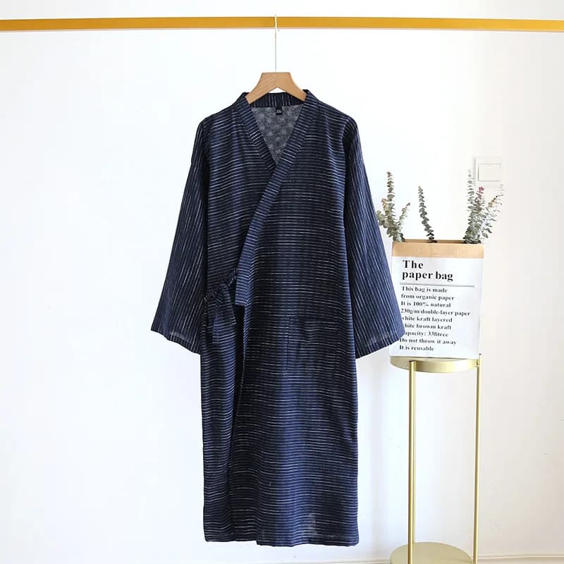 Peignoir Kimono Japonais pour Homme, 100% Coton, Chemise de Nuit Rayée, Grande Taille, Ensemble Vapeur, Printemps et Été