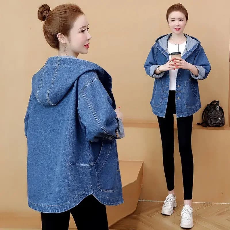 Veste en jean à capuche pour femme, manteau en jean imprimé au dos, grande taille, vêtements d'extérieur décontractés pour étudiants, printemps et automne