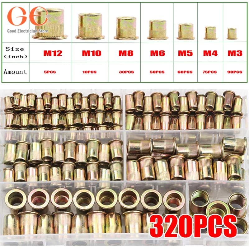 100/150/180/320 pièces Kit d'écrous à rivets tête plate insérer écrous Rivnuts assortiment ensemble fileté insérer écrous assortiment M3-M12