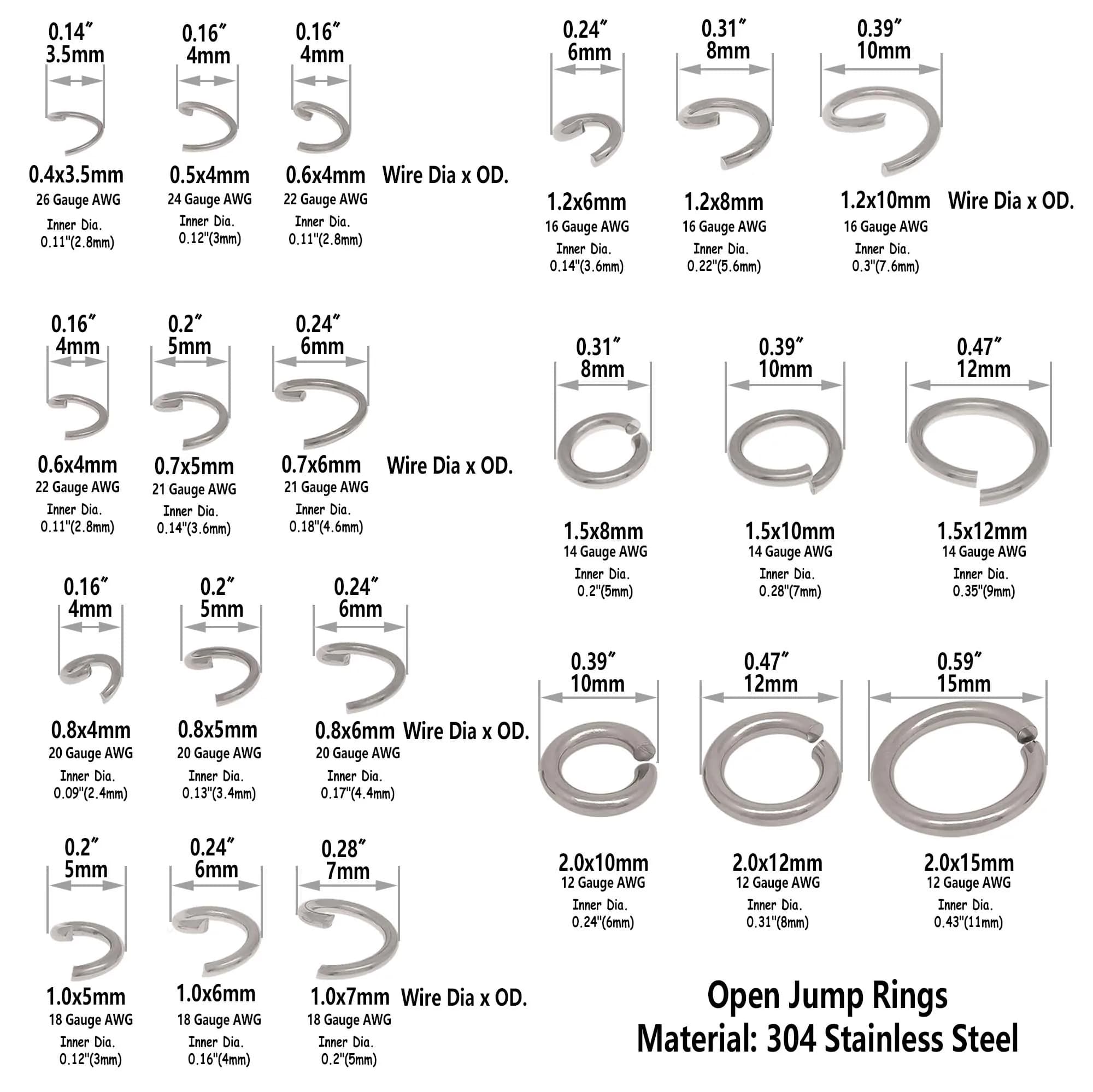 Anneaux ouverts en acier inoxydable Buck, 4mm, 5mm, 6mm, 7mm, 8mm, 9mm, 10mm, 12mm, 15mm, ronds en métal pour colliers, boucles d'oreilles, bracelets et bijoux