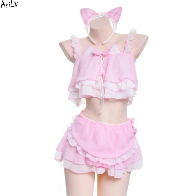 AniLV – maillot de bain Lolita pour filles, uniforme de bain avec oreilles de chat roses mignons, Cosplay de fête de piscine