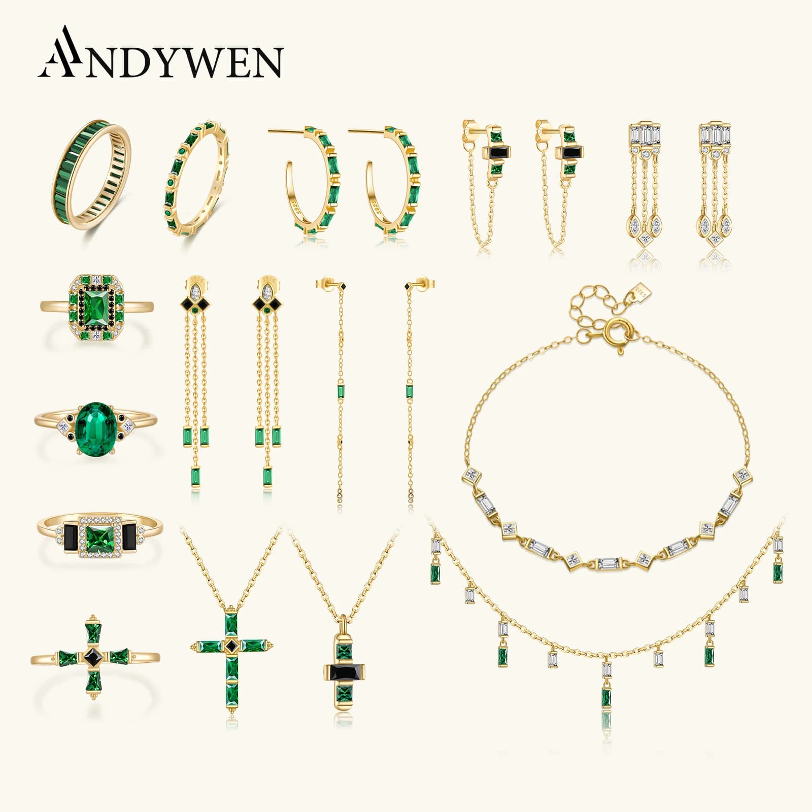 ANDYWEN 925 argent Sterling or vert noir chaîne boucle d'oreille croix collier bague ensemble de bijoux Anillo Fino Sabrina Zircon bijoux