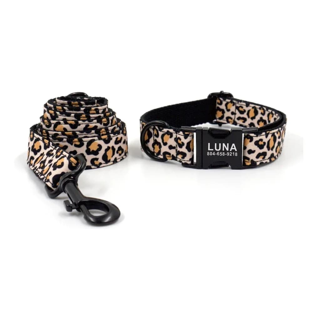 Collier de chien personnalisé, plaque signalétique pour chiot, étiquette d'identification, boucle noire réglable, imprimé léopard, colliers de base pour animaux de compagnie, laisse en plomb