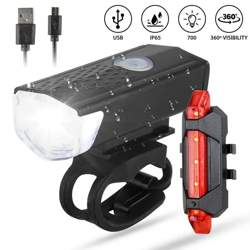 Ensemble de feux avant et arrière de vélo vtt, phare de cyclisme de nuit, USB LED, feu arrière d'avertissement de sécurité, accessoires de vélo