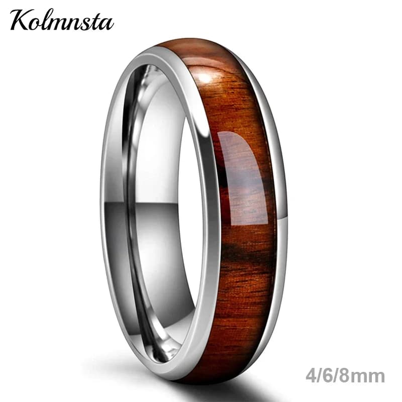 Kolmnsta 4mm 6mm 8mm bague en acier inoxydable véritable marron Koa bois incrusté haute polie tamis bague de mariage hommes femmes