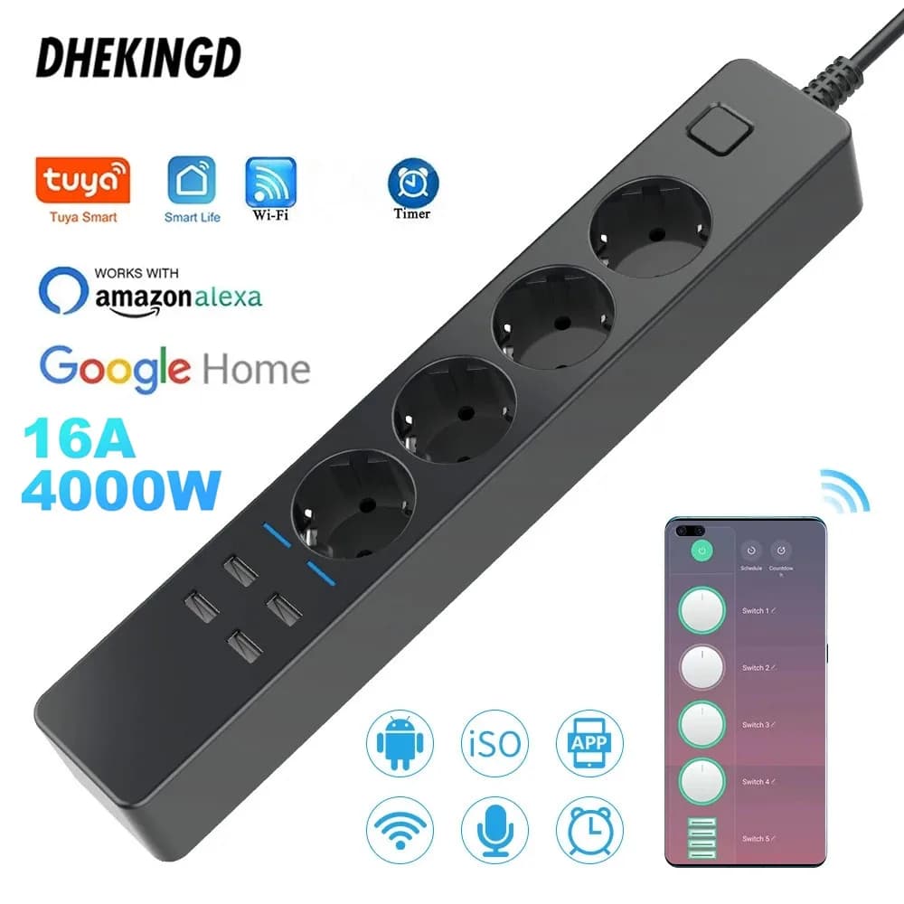 Multiprise intelligente Wi-Fi 1,8 m, 3 m, 5 m avec 4 prises CA, 4 ports de charge USB, contrôle Bluetooth et synchronisation, compatible Alexa et Google Home Assistant