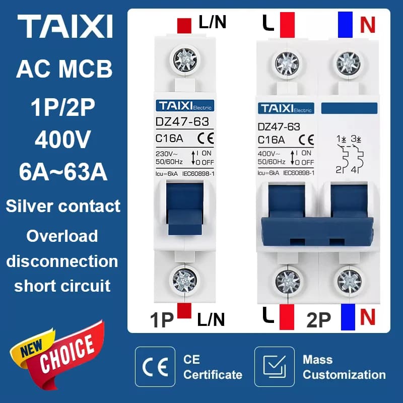 Disjoncteur AC MCB DZ47 6A 10A 16A 20A 25A 32A 40A 50A 63A 220V, surcharge de Circuit, déconnexion, Protection contre les courts-circuits