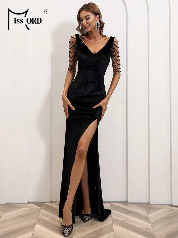 Missord-Robe de soirée en velours noir pour femme, élégante, col en V, avec pompon, fendue sur les cuisses, pour Rhde promo