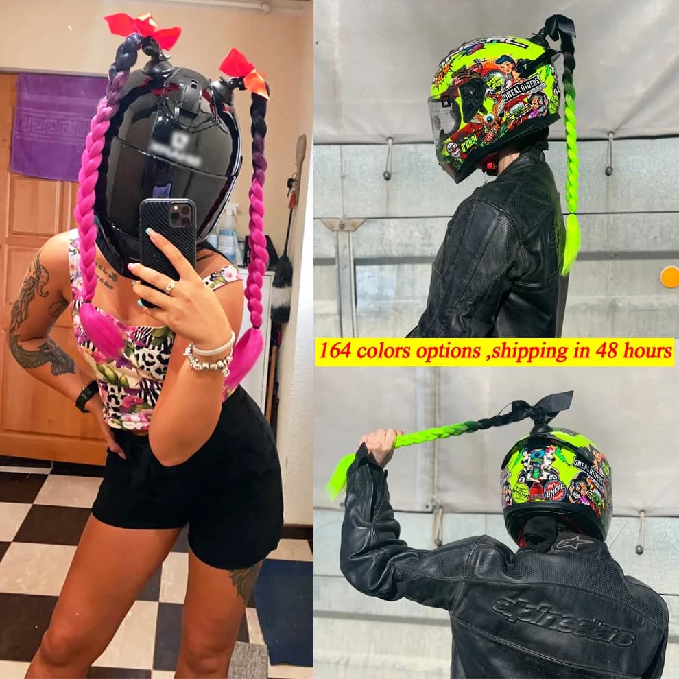24 pouces Tresses de casque moto, Grande tresse épaisse de casque moto enfant femme ,Perruque décorative de casque trottinette électrique /cross /de ski /velo ,moto accessoires equipement custom