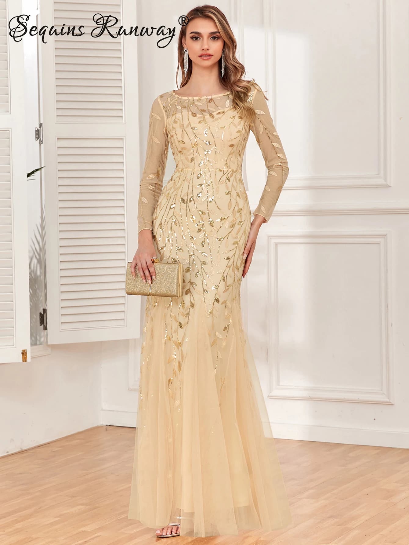 Robe de cocktail maxi vintage sexy à sequins pour femme, robe de demoiselle d'honneur, robe de bal, robe de soirée décontractée à manches longues, robe moulante de club, Vestidos