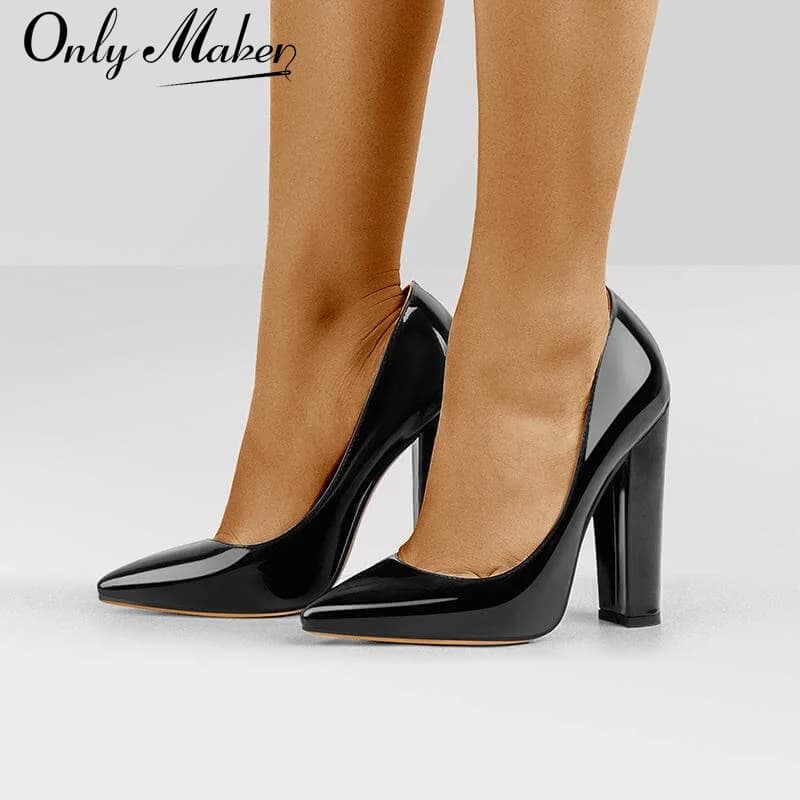 Onlymaker femmes bout pointu bloc épais talon haut sans lacet chaussures mariage bureau pompes Faux daim noir grande taille talons classiques