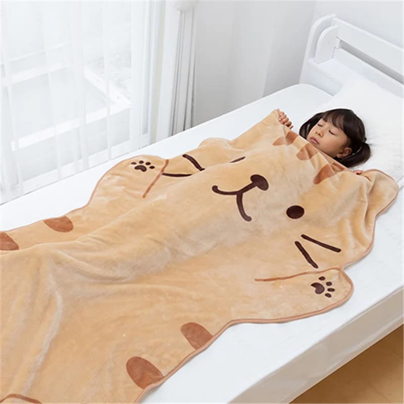 Couverture en flanelle de chat marron mignon de 1.5M, en forme d'animaux en peluche, climatiseur d'été, couvertures de sommeil, décoration de maison pour enfants, anniversaire de bébé