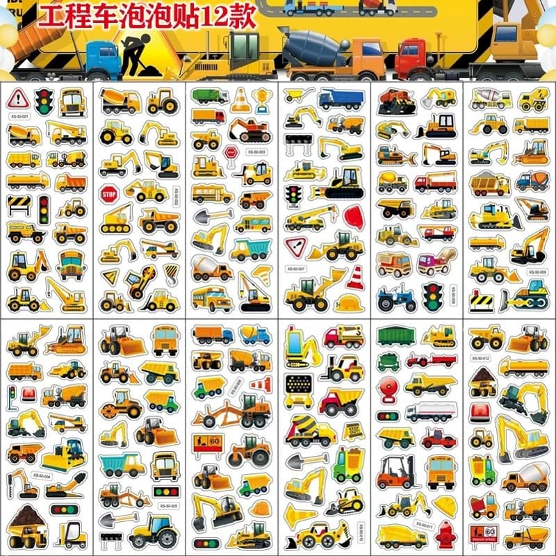 Autocollants de voiture pompier de dessin animé, 6 pièces, décor éducatif pour enfants, étiquette pour journal intime, carnet de notes, jouet, véhicule de Construction jaune, camion