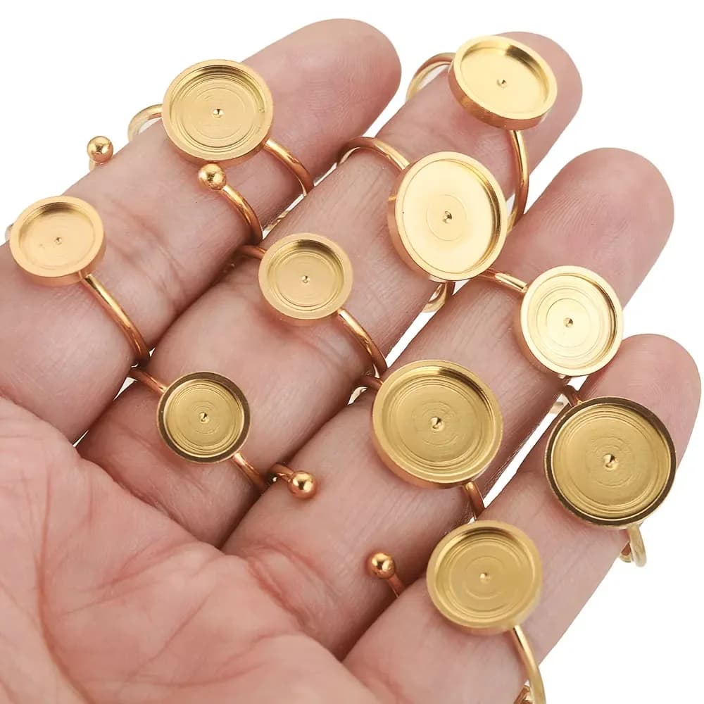 Paramètres d'anneau réglables en acier inoxydable, Base vierge de ton or 8/10/12mm, Cabochons en verre, lunettes, fournitures pour la fabrication de bijoux, 10 pièces