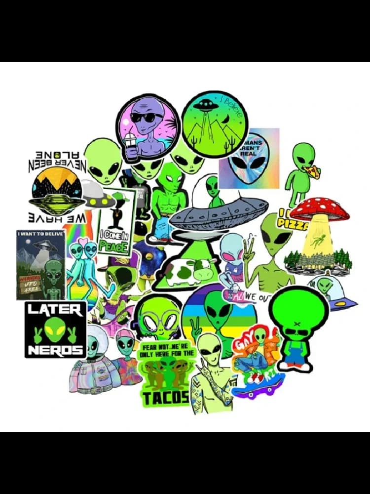 50 autocollants/paquet, motif extraterrestre vert aux grands yeux, E.T., pour ordinateur portable, tasse, autocollant imperméable, créature de l'espace, OVNI