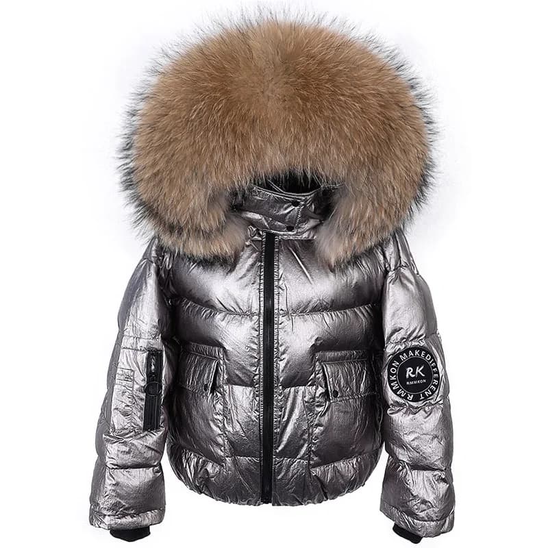 Maomaokong 2026 Nouvelle veste d'hiver courte en duvet noir pour femme, col en fourrure de renard véritable, à capuche, imperméable, épaisse, chaude, manteau argenté pour femme