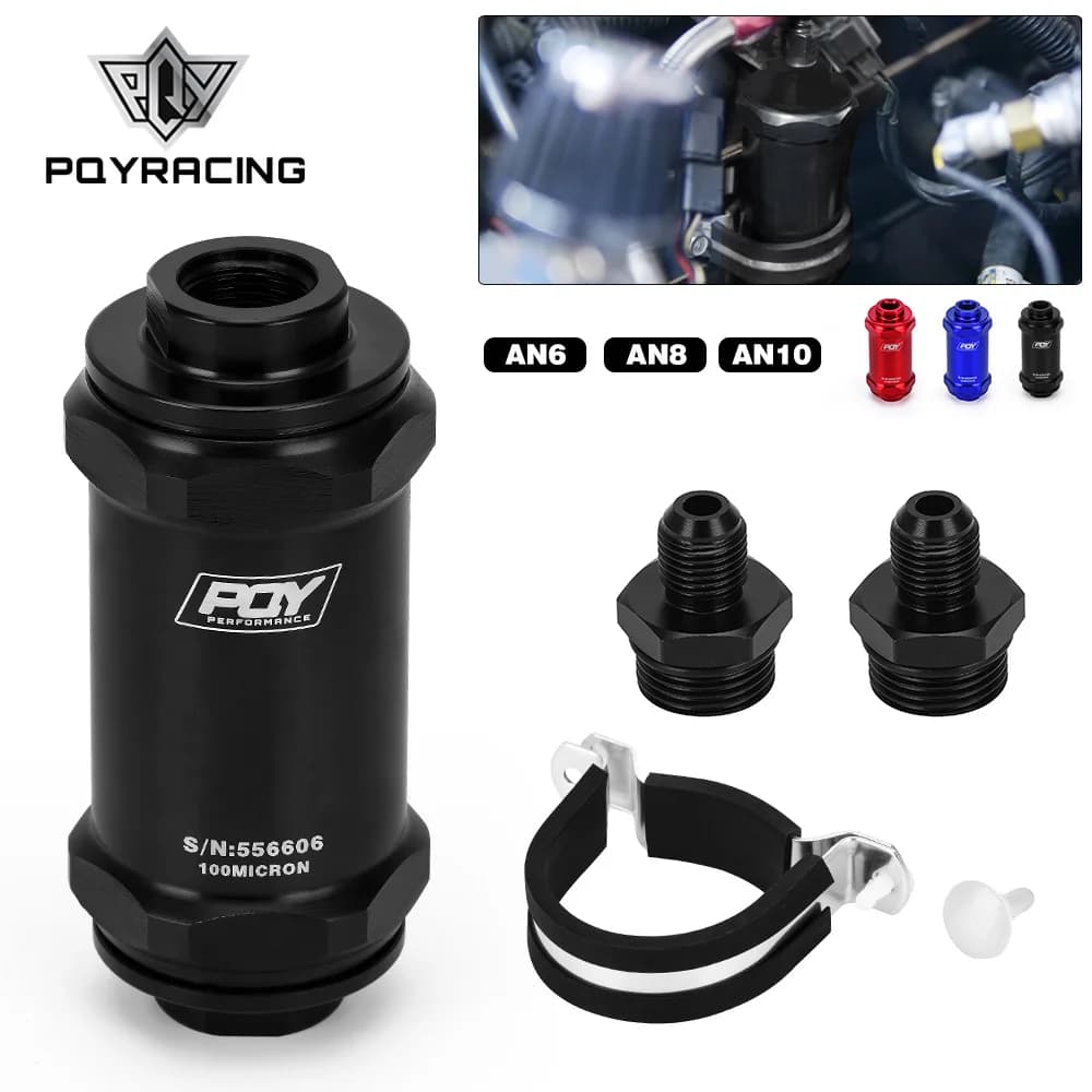 PQY noir AN6/AN8/AN10 filtre à carburant en ligne E85 éthanol avec élément en acier inoxydable de 100 microns et autocollant PQY