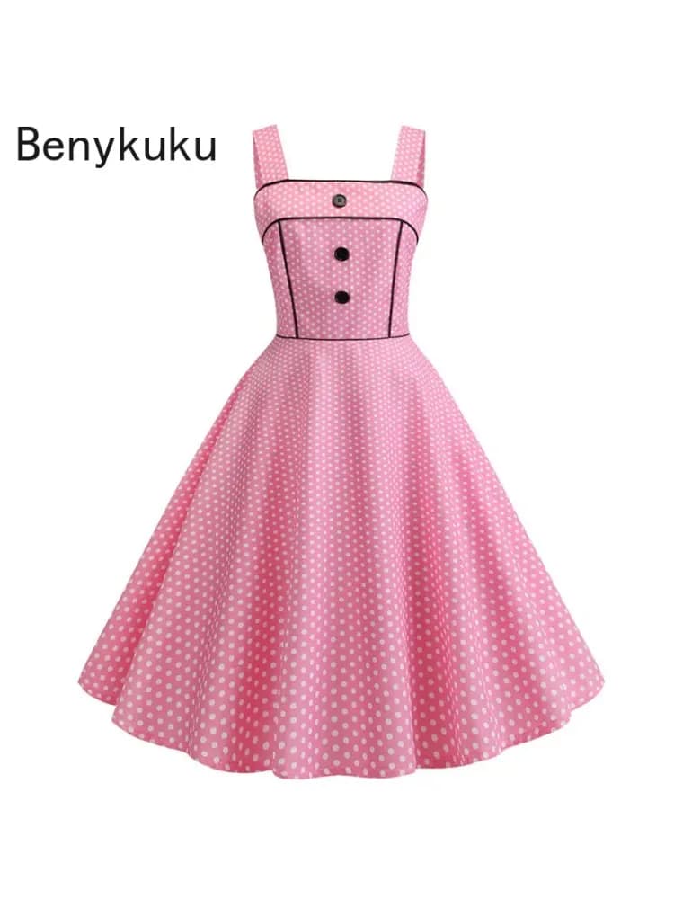 Robe d'été à pois rose vintage pour femmes, robe éducative Pin Up, robe de soirée années 50, Rockabilly, grande taille, robes de plage décontractées