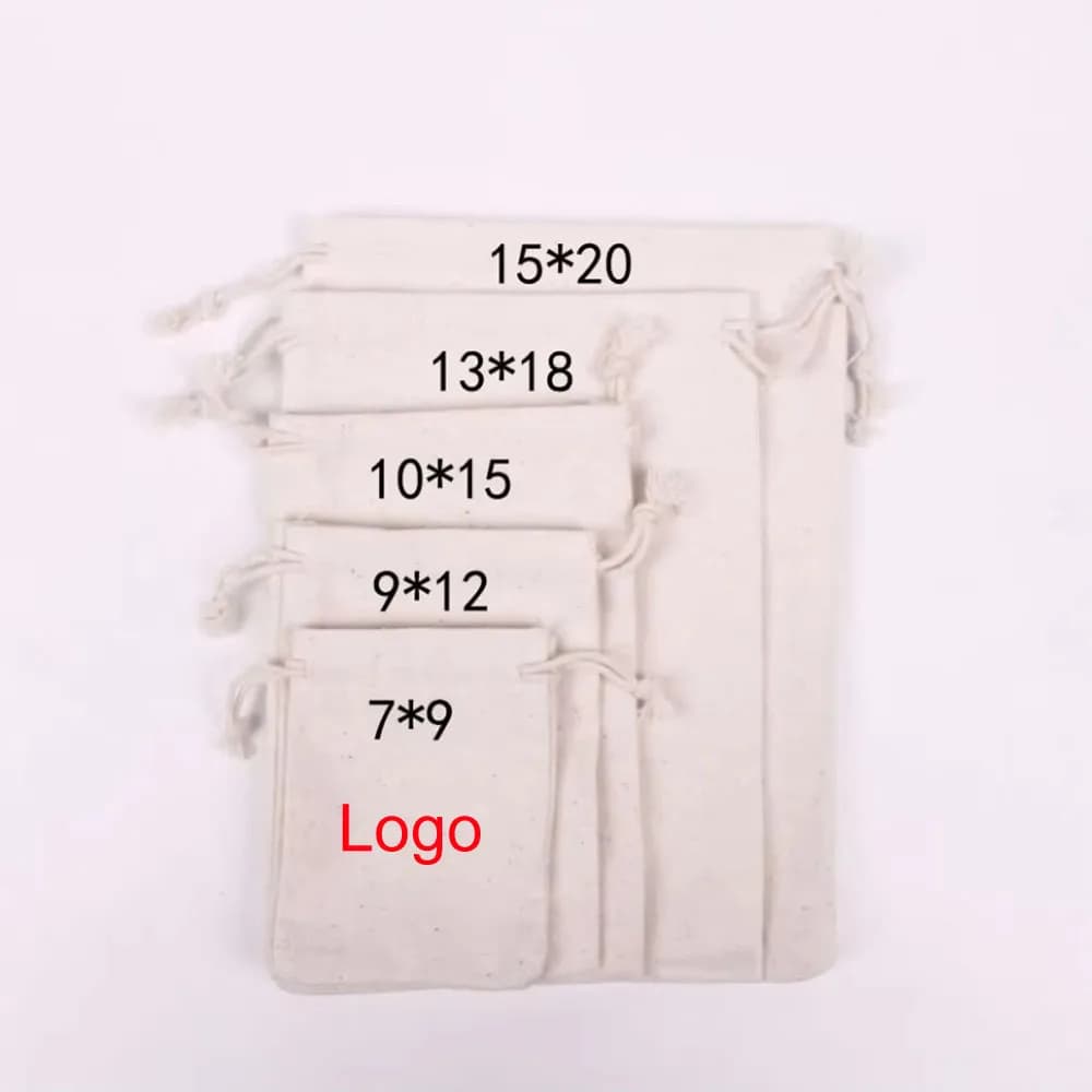 100 pcs/Lot sacs en coton naturel 7x9 9x12 10x15 13x18 15x20cm pochettes cadeaux avec cordon de serrage sacs de rangement à domicile sac d'emballage Logo personnalisé