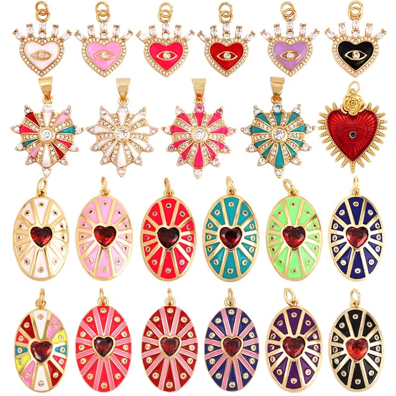 Breloque en forme de cœur de palais en émail, rose néon, Orange, Turquoise, rouge, goutte d'huile, couleur plaquée or, collier, Bracelet, pendentif M82