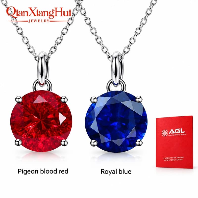 Rubis rouge sang de pigeon de 3 carats, forme ronde de 9 mm, saphir bleu roi/bleu fleur de maïs cultivé en laboratoire, inclusions, argent 925 pour pendentif et collier