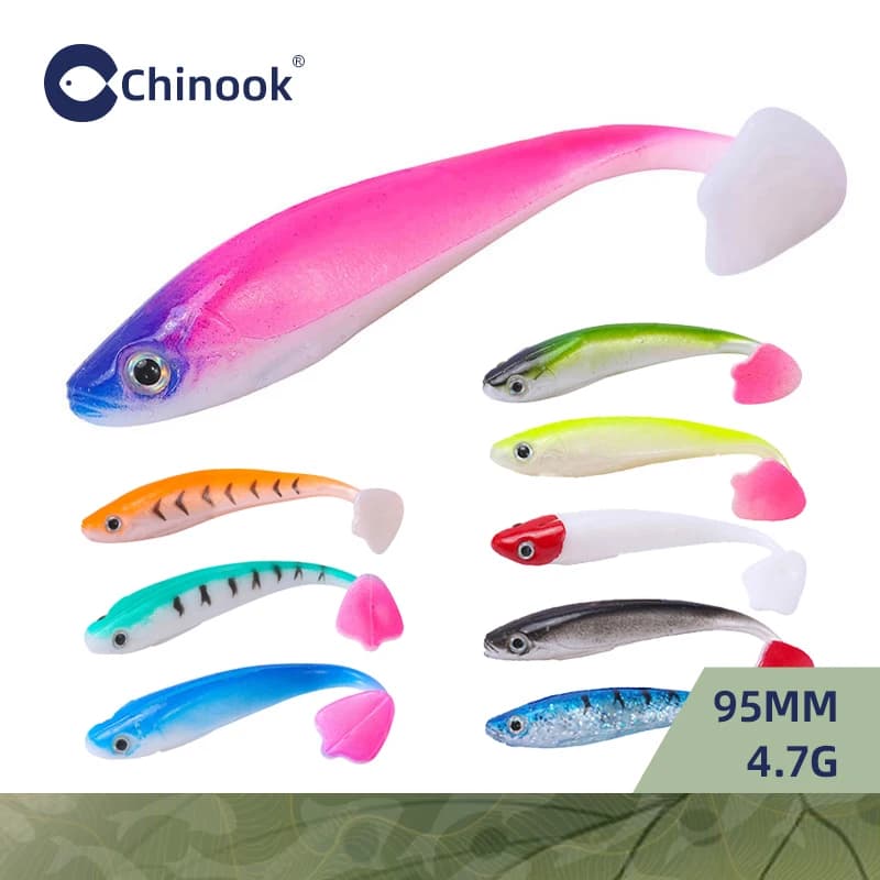 Chinook SoftBait leurre 90mm grande queue de pagaie Shad Swimbait 5 pièces ensemble Wobblers Silicone tête de gabarit de poisson Texas et crochets farfelu