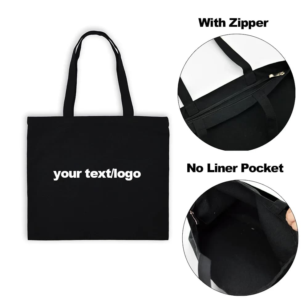 Sacs en toile réutilisables pour femmes, sacoches personnalisées avec fermeture éclair, fourre-tout de Shopping, à la mode, noir, blanc, Beige