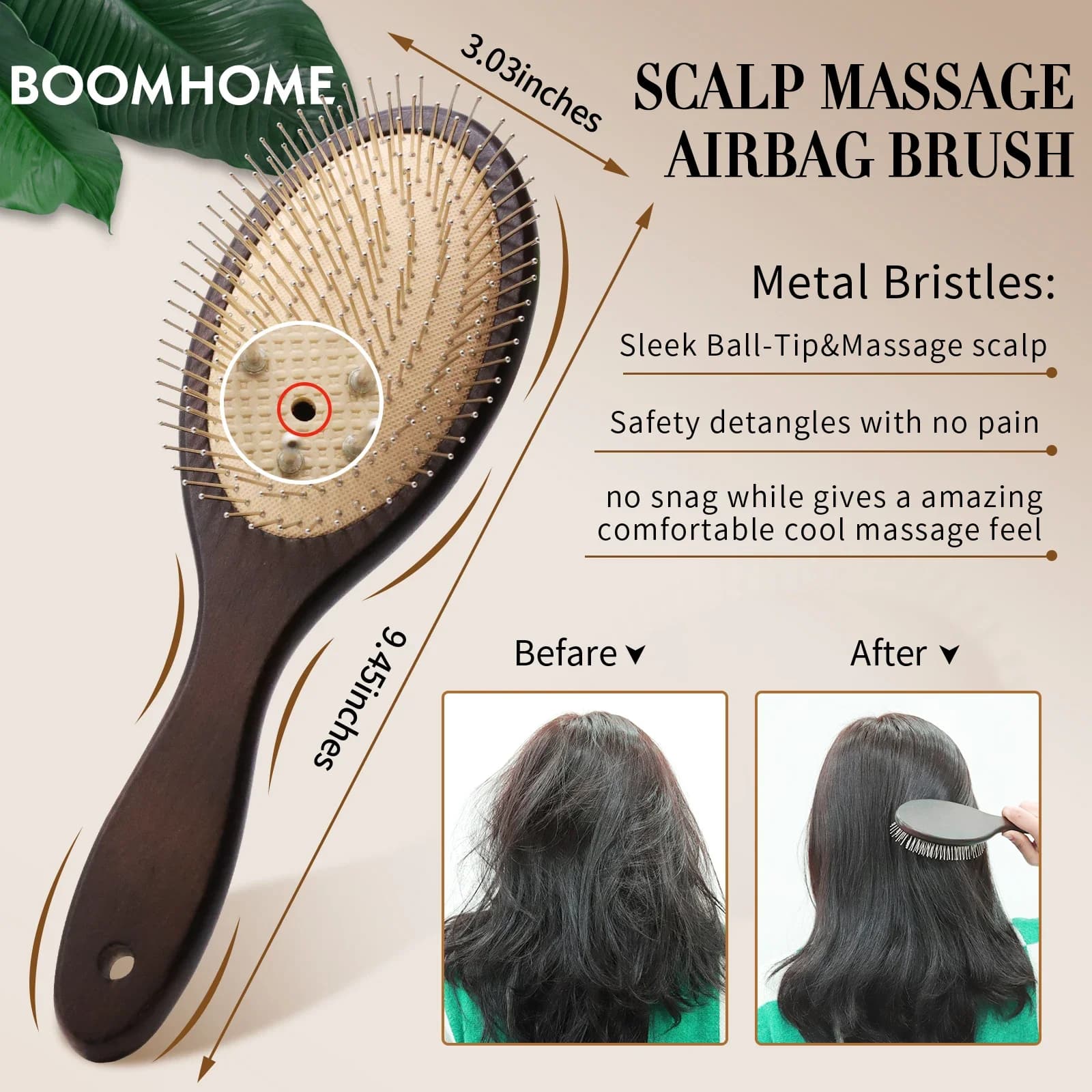 Brosse de massage du cuir chevelu Denman en acier, brosse à cheveux en bois avec aiguilles en acier, brosse à cheveux à coussin d'air pour démêler les cheveux