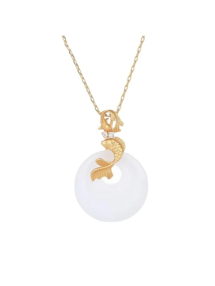 Pendentif beignet en Jade blanc, bijoux porte-bonheur naturel, pierres précieuses en Zircon, mode carpe, calcédoine, amulette pour femmes