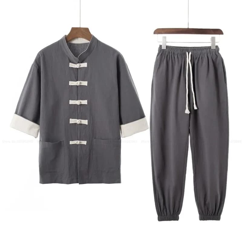 Chemise Hanfu rétro imbibée Tang pour hommes, style chinois traditionnel, ensemble uniforme FjKung Fu, kimono japonais, combinaison chemisier et pantalon décontractés
