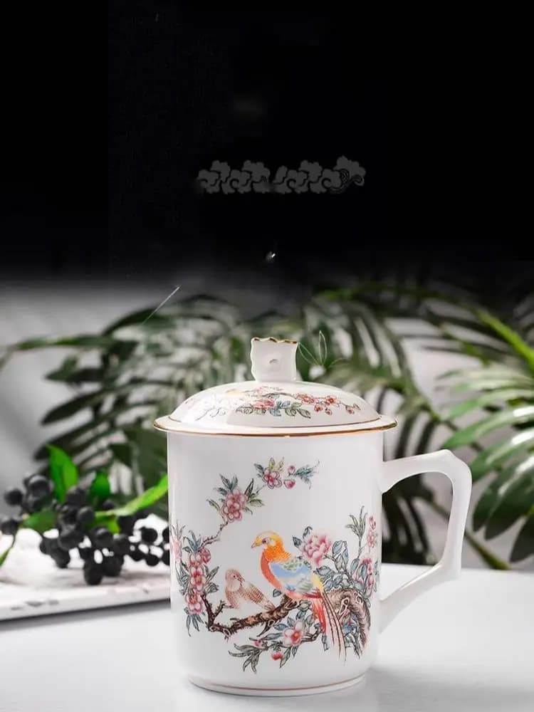 Tasse de Luxe en Porcelaine de Chine Fine Sophia, Grenade, Qualité Supérieure, Blanc, 16oz, 500ml avec Couvercle, Tasse en Céramique, Jardin à Expresso